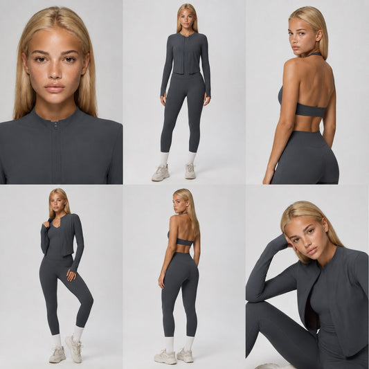SOLBANA graphite activewear styled in a clean studio editorial