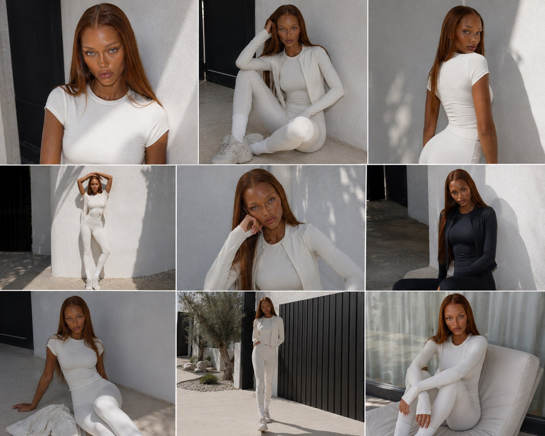 SOLBANA ivory and black activewear showing a neutral colour palette