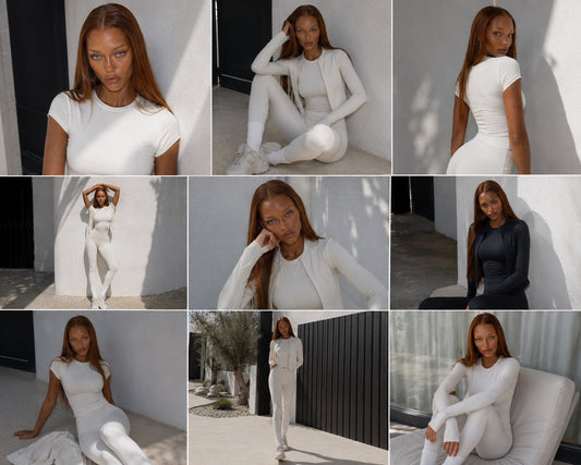 SOLBANA ivory and black activewear showing a neutral colour palette