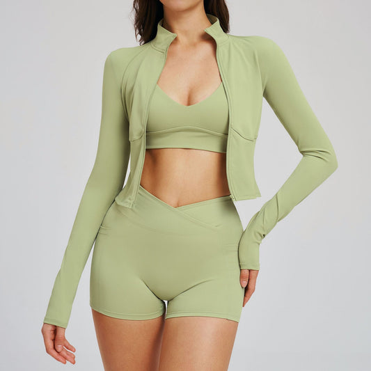 SOLBANA model in a layered three-piece activewear set for cool mornings and travel