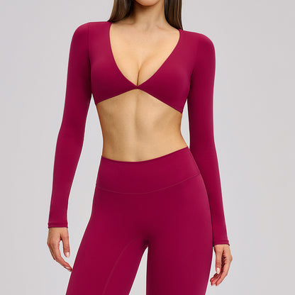 SOLBANA Studio Cropped V-Neck Long Sleeve in Berry