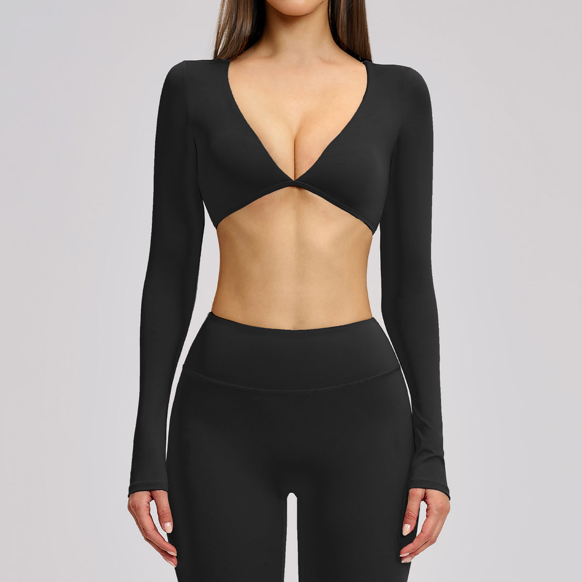 SOLBANA Studio Cropped V-Neck Long Sleeve in Midnight