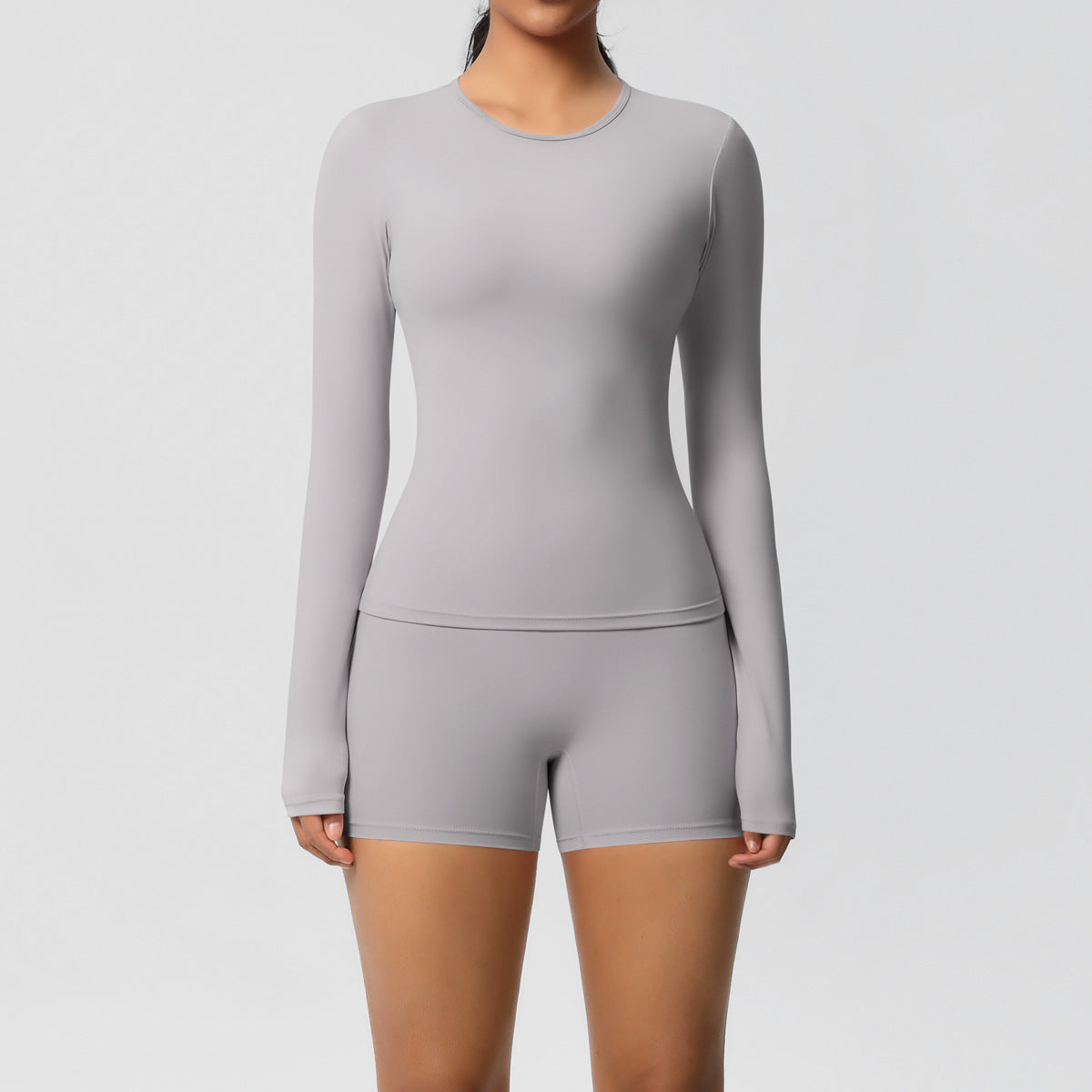 SOLBANA Form Long-Sleeve 2-Piece Short Set in Frost Gray