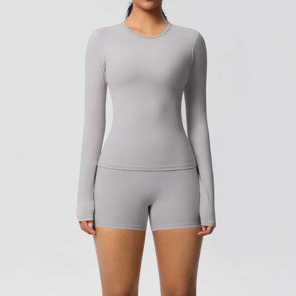 SOLBANA Form Long-Sleeve 2-Piece Short Set in Frost Gray