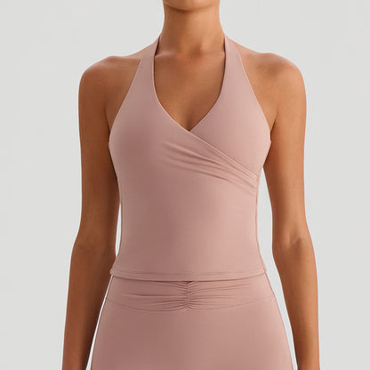 SOLBANA Studio Ruched V-Neck Halter Tank in Dark Pink