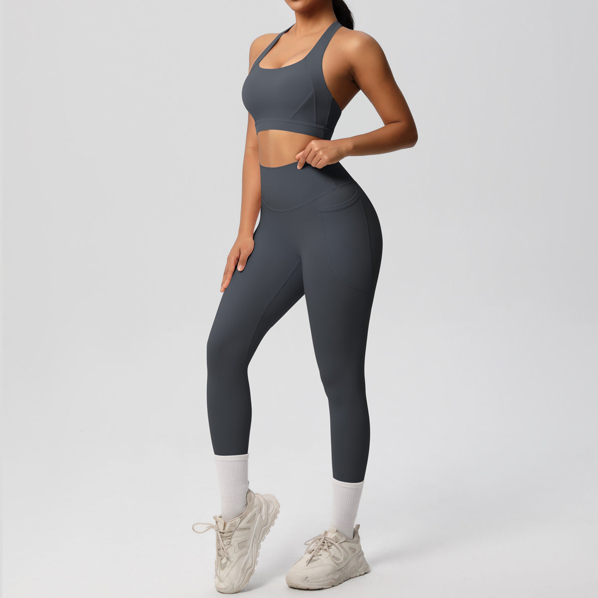 SOLBANA Studio Cutout 2-Piece Legging Set in Gray