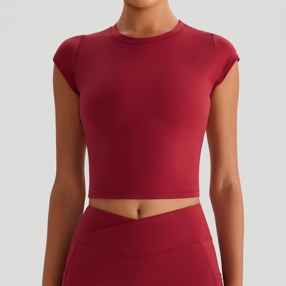 SOLBANA Form Cutout Crop Tee in Burgundy