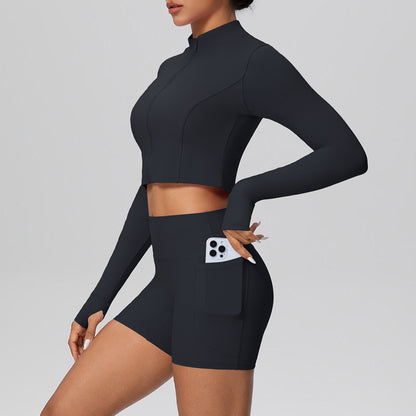 SOLBANA Studio Zip Pocket 2-Piece Short Set in Black