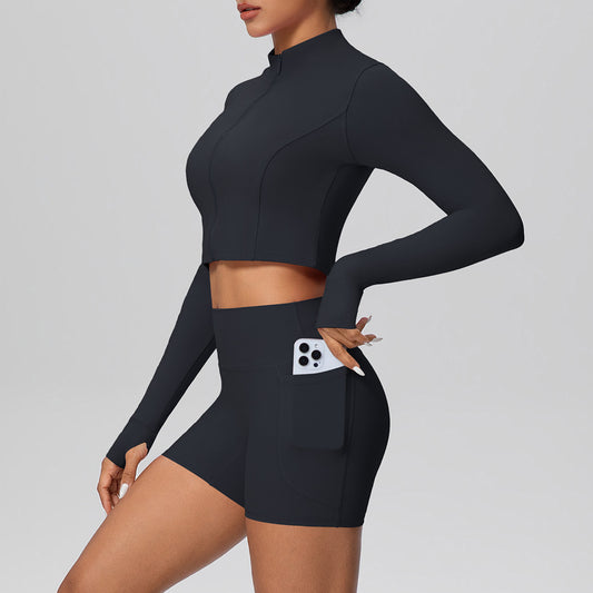 SOLBANA Studio Zip Pocket 2-Piece Short Set in Black
