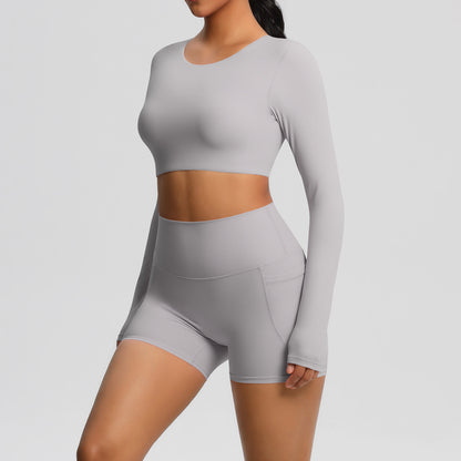 SOLBANA Studio Pocket Long-Sleeve 2-Piece Short Set in Frost Gray