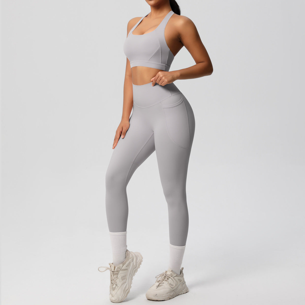 SOLBANA Studio Cutout 2-Piece Legging Set in Frost Gray