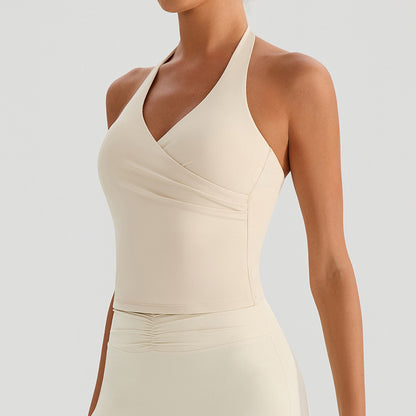 SOLBANA Studio Ruched V-Neck Halter Tank in Apricot