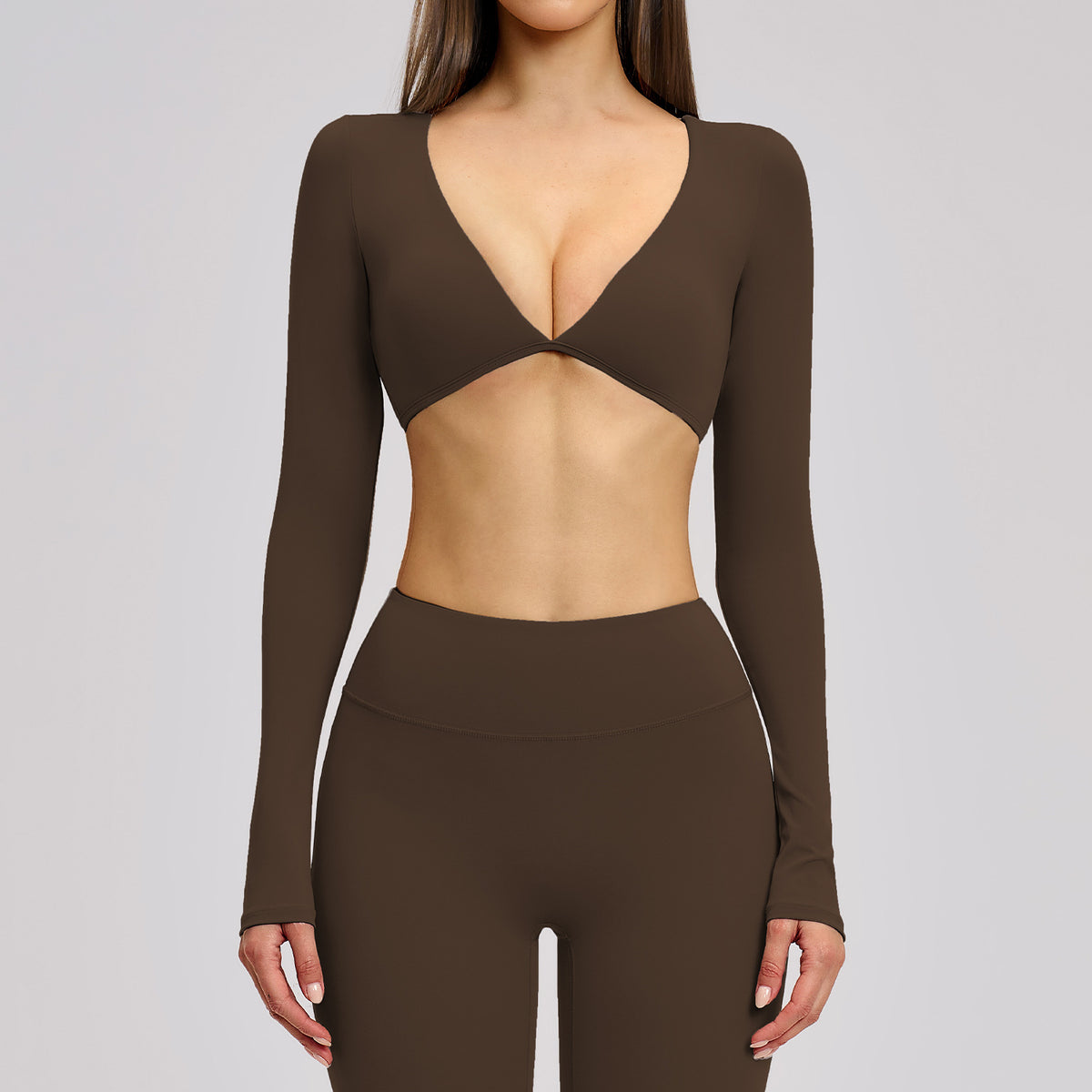 SOLBANA Studio Cropped V-Neck Long Sleeve in Espresso