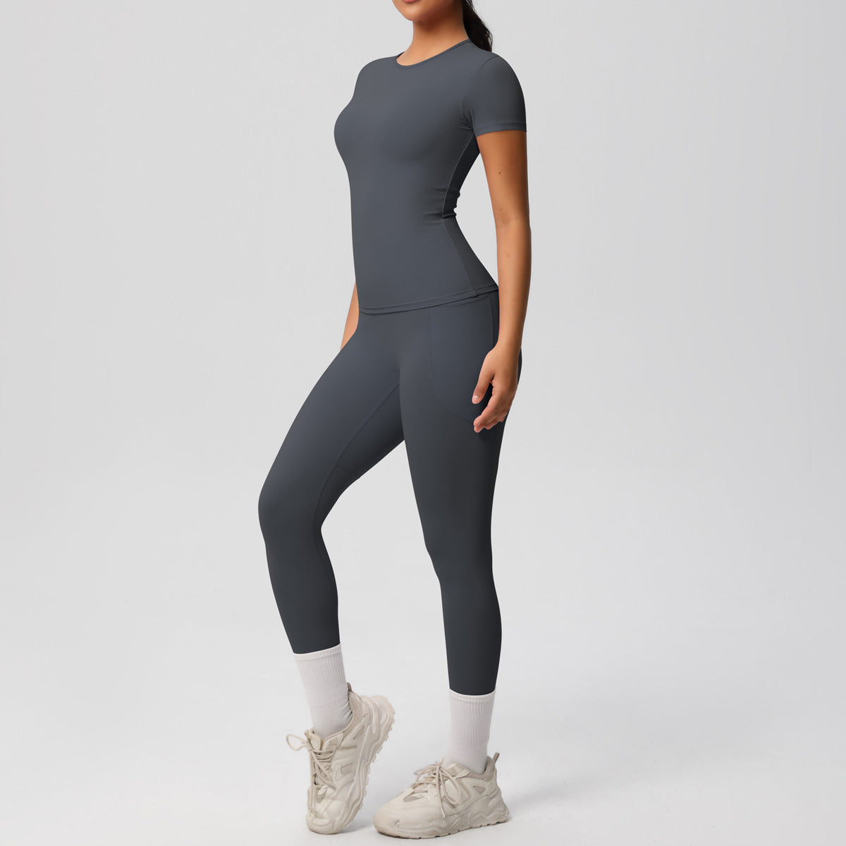 SOLBANA Form Short-Sleeve 2-Piece Pant Set in Gray