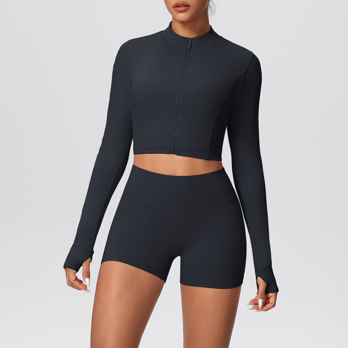 SOLBANA Studio Thumbhole Zip Short Set in Black