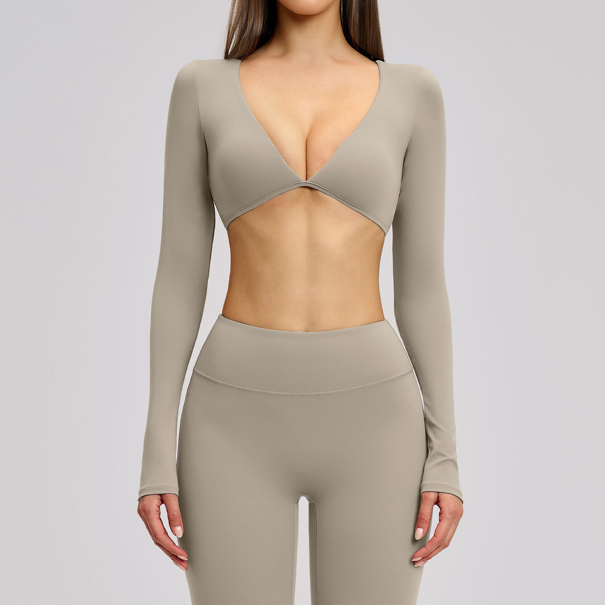 SOLBANA Studio Cropped V-Neck Long Sleeve in Gray