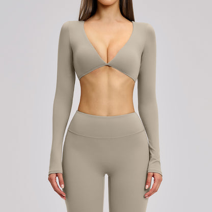 SOLBANA Studio Cropped V-Neck Long Sleeve in Gray