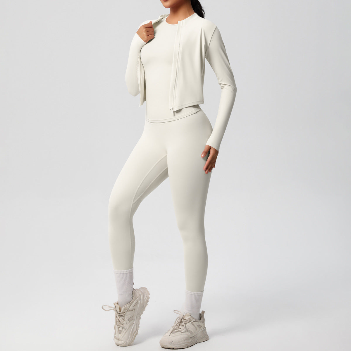 SOLBANA Studio Zip 3-Piece Legging Set in light ivory