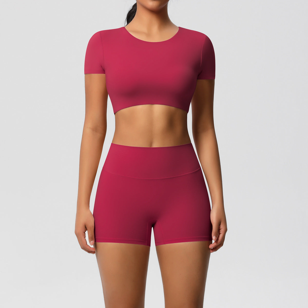 SOLBANA Form Padded Tee 2-Piece Short Set in Wine