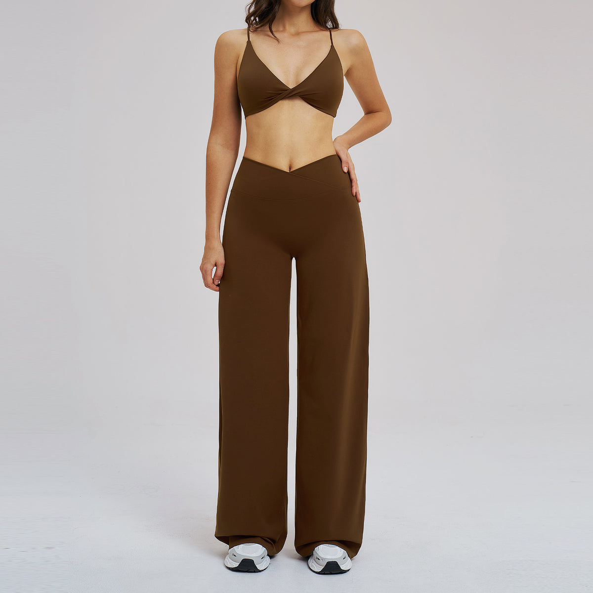 SOLBANA Studio Cross-Waist 2-Piece Wide-Leg Set in Brown