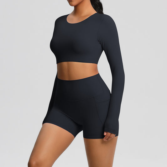 SOLBANA Studio Pocket Long-Sleeve 2-Piece Short Set in Black
